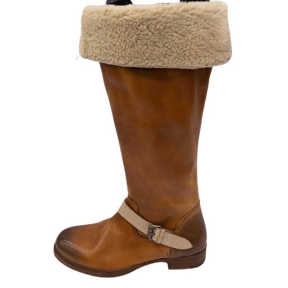 Vintage Foundry Co. Tan Brown London Buckle Fur Mid Calf Leather Boots 9.5